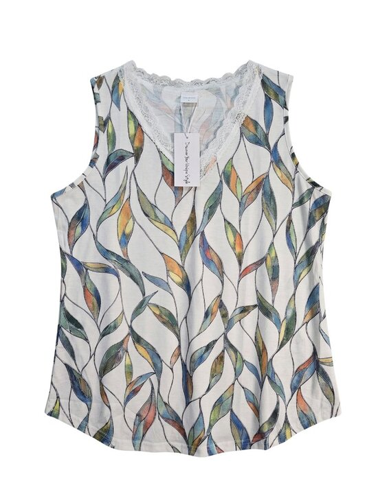 Tops - NWT | Abstract Leaf Print Lace Trim V-Neck Sleeveless Tank Top Colorful | Large